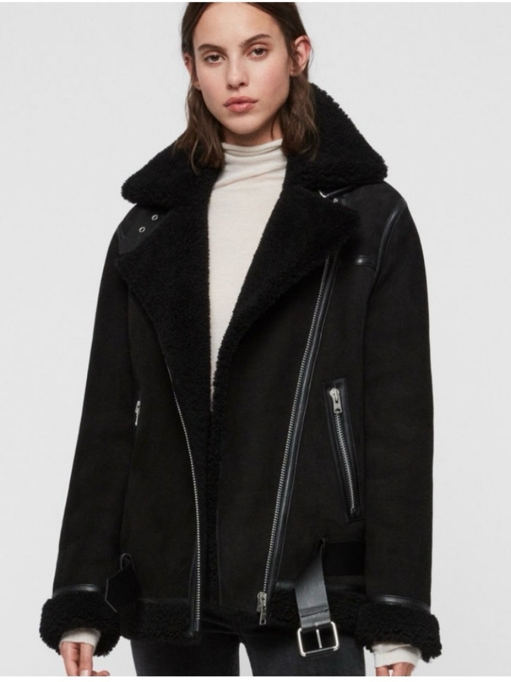 AllSaints Black Shearling-Lined Aviator Jacket - Women